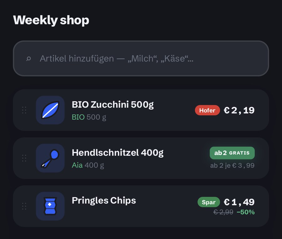 Listeneinträge mit den Preisen dieser Woche